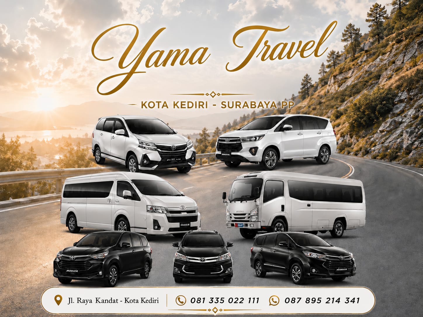 Armada dan kantor Yama Travel di Kediri untuk perjalanan ke Surabaya dan Juanda